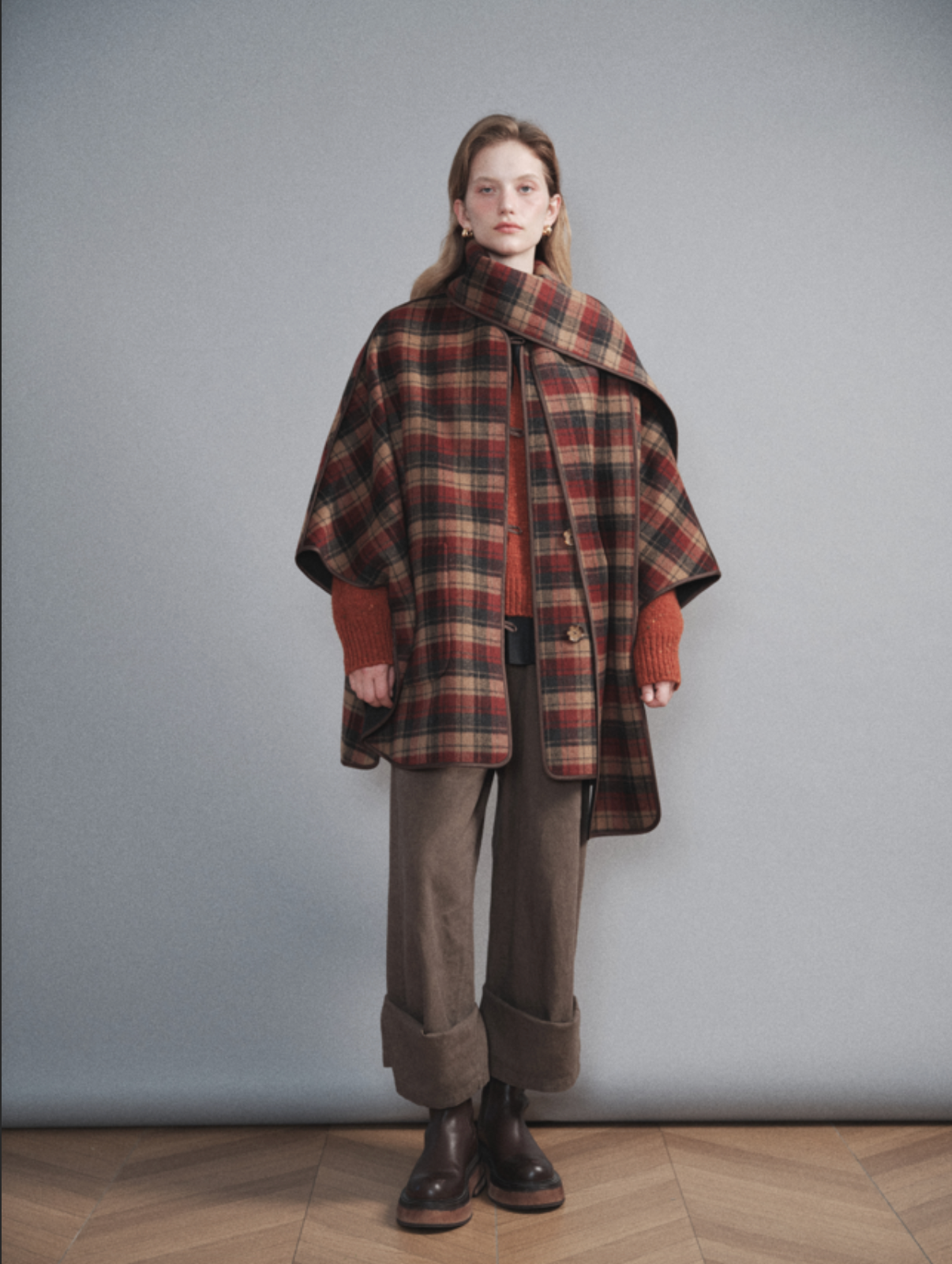Brown-Red Plaid Wool Blend Cape