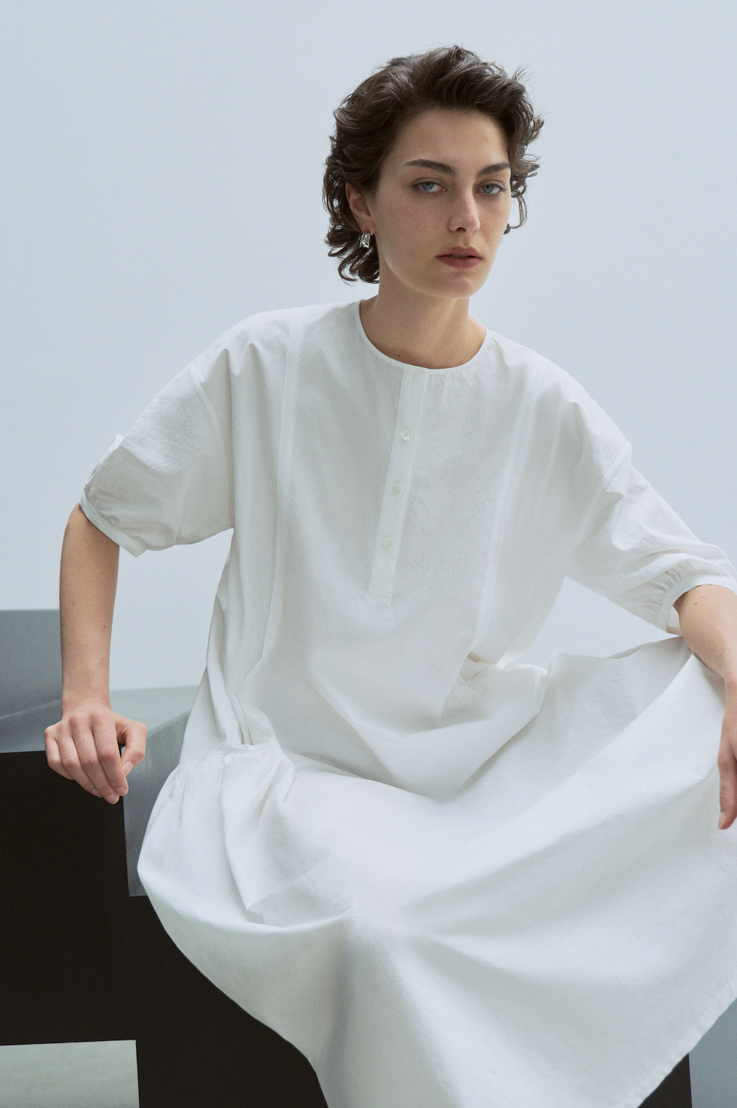 Paper-Texture Cotton Short Sleeve Dress